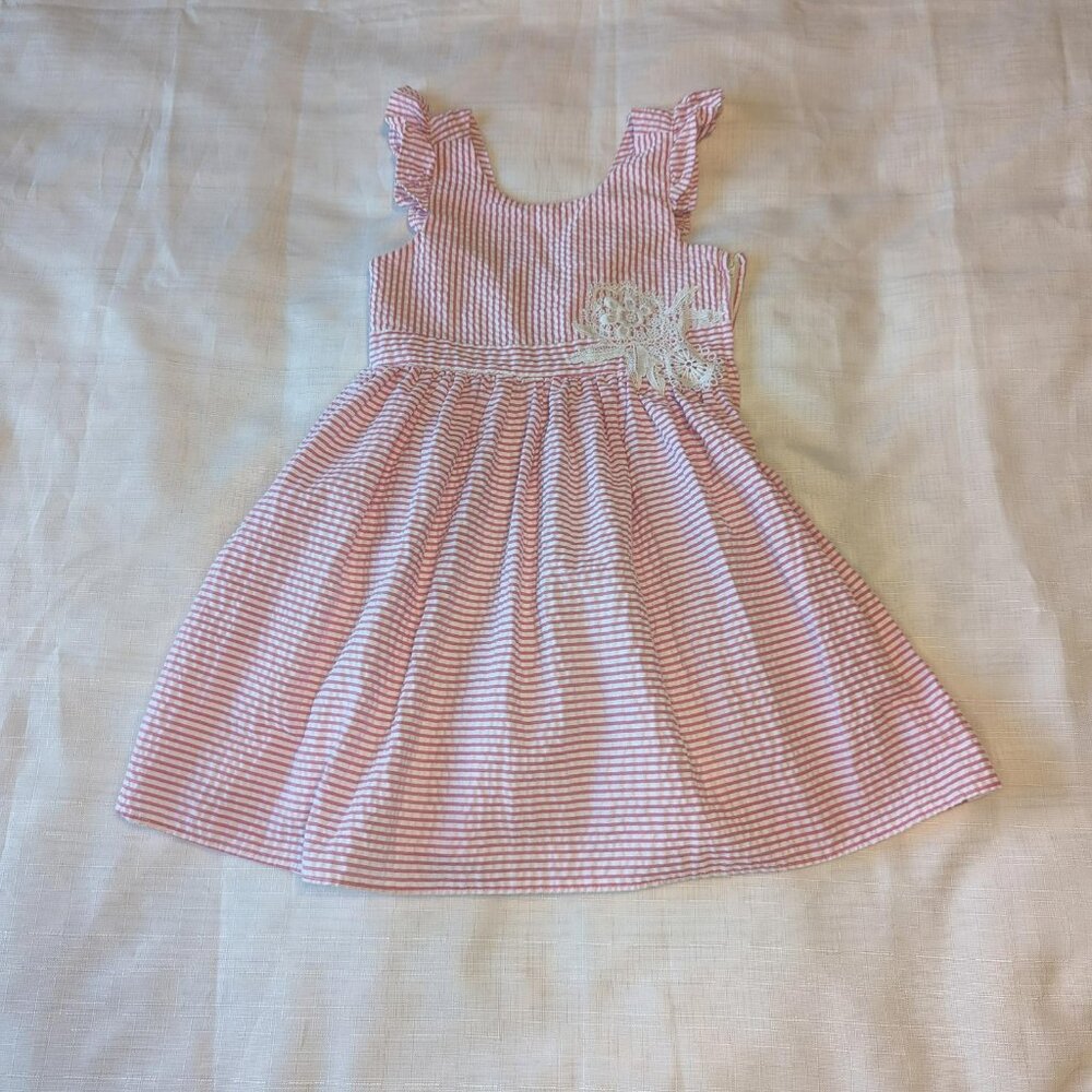 Rare Editions Girls Pink White‎ Seersucker Dress With White Lace Applique